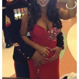 Red sweetheart embellished gown with slit. Tony Bowls Evenings size 6. Worn once